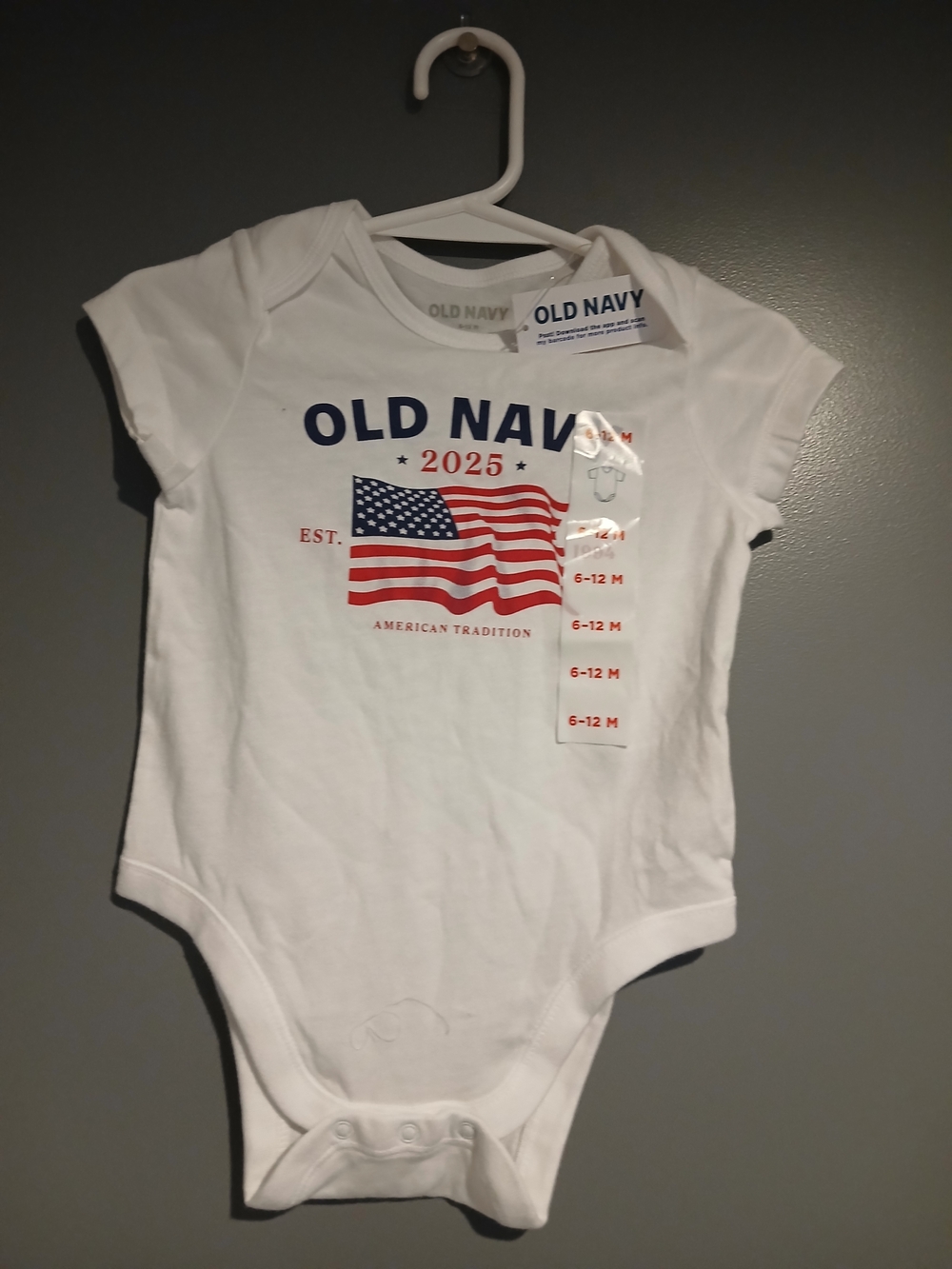 Old Navy White Baby One-Piece with Red & Blue Flag Graphic